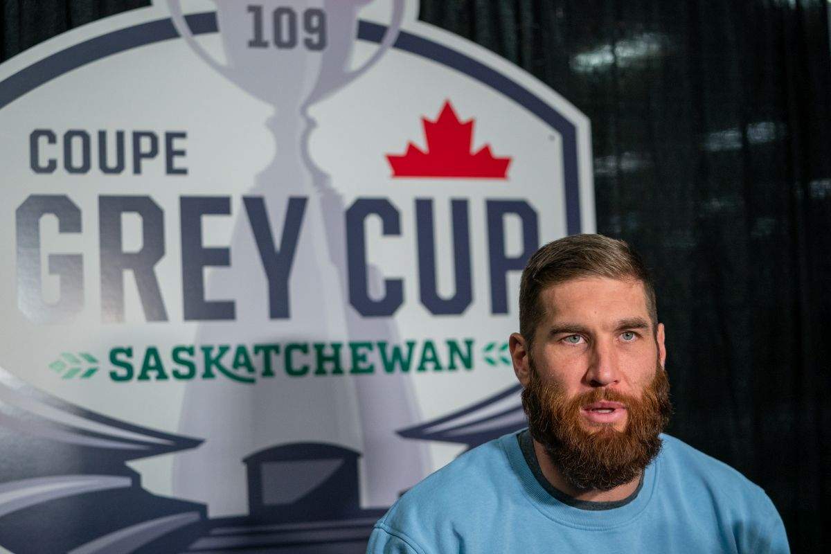 Quarterback McLeod Bethel-Thompson speaks to the media during a media day ahead of the 109th Grey Cup at Queensbury Convention Centre in Regina, on Thursday, November 17, 2022.