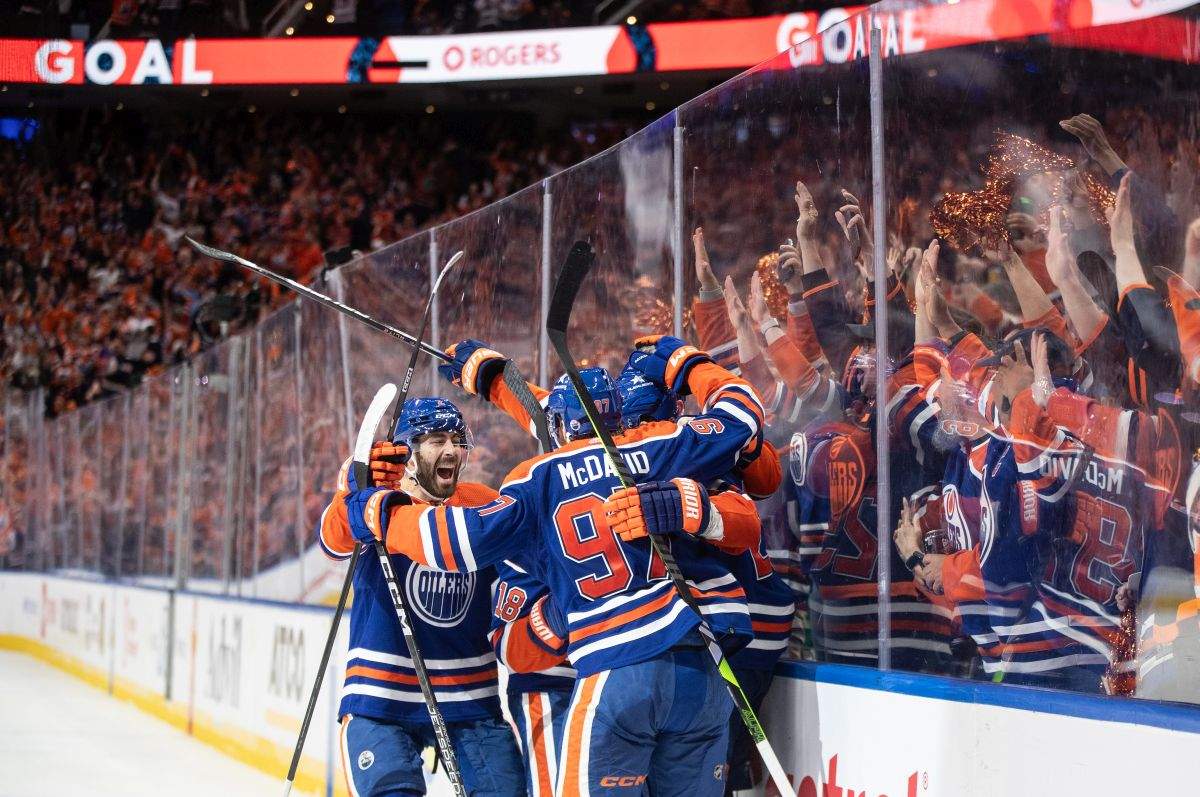 Edmonton Oilers' Evan Bouchard (2), Zach Hyman (18), Leon Draisaitl (29) and Connor McDavid (97) celebrate a goal against the Dallas Stars during second period action in game 4 of the Western Conference finals of the NHL Stanley Cup playoffs in Edmonton on Wednesday May 29, 2024.