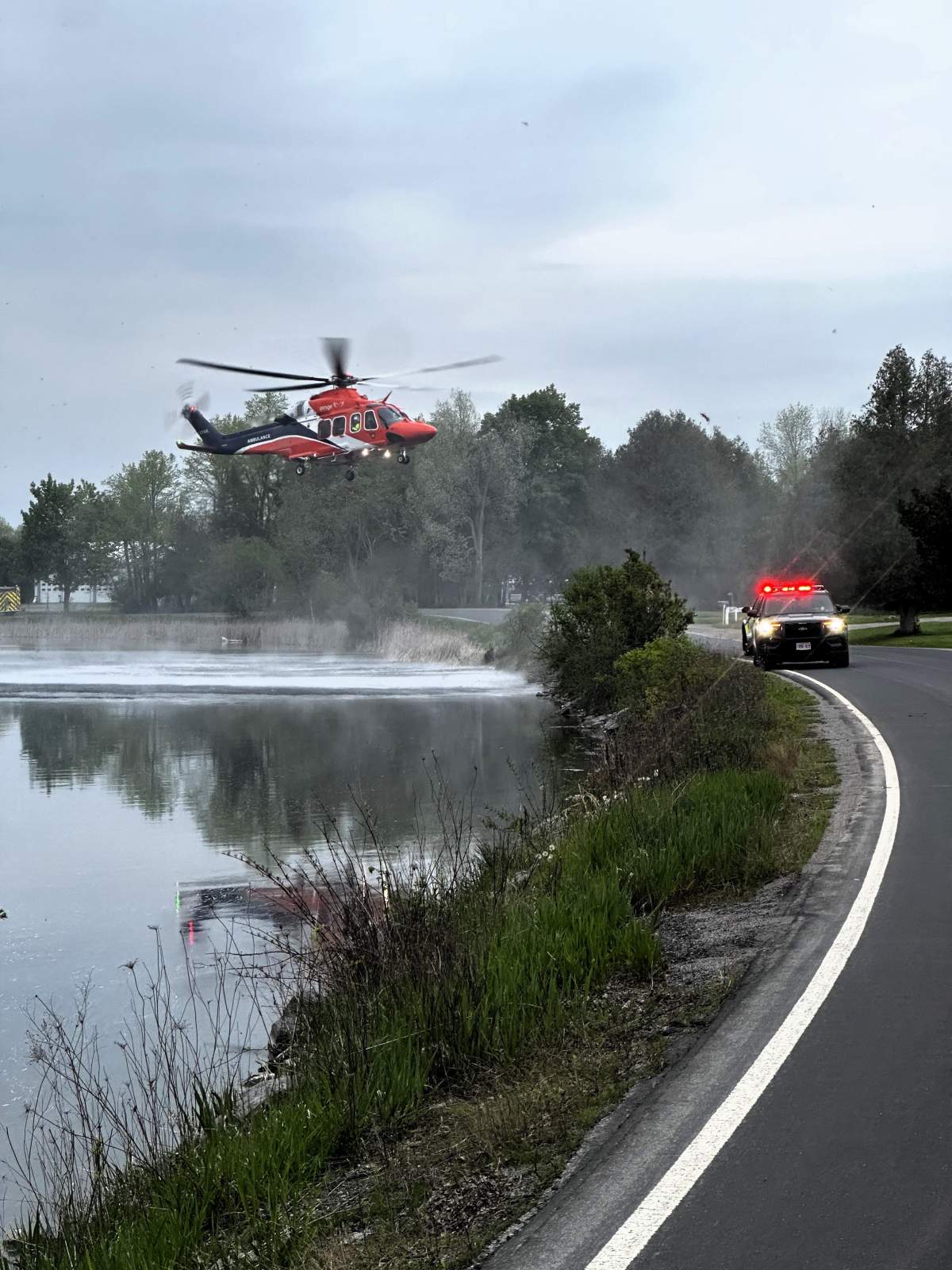 An Ornge air ambulance at the scene of a motorcycle crash on County Road 32 in Douro-Dummer on May 15, 2024.