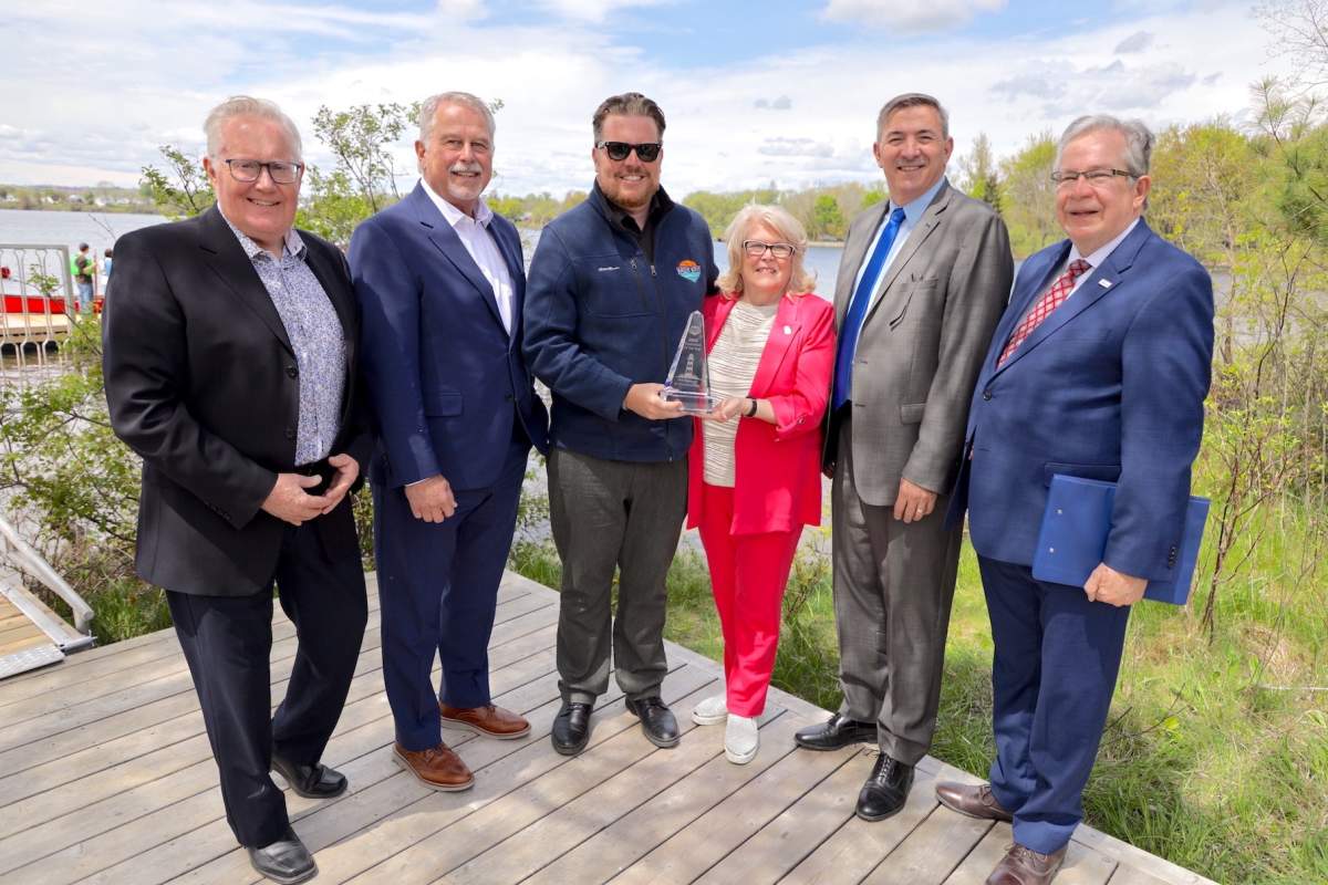 Waterways TV has named Peterborough and the Kawarthas the inaugural winner of its "Destination of the Year" award. Taking part in the ceremony were, from left, Joe Rees, tourism director with Peterborough and the Kawarthas Economic Development, Neil Lumsden, Ontario's Minister of Tourism, Culture and Sport, Steven Bull, show host and executive producer, Peterborough County Warden Bonnie Clark, Peterborough-Kawartha MPP Dave Smith, and Peterborough Mayor Jeff Leal.