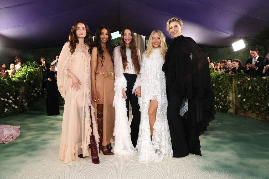 Emma Mackey, Zoe Saldana, Chemena Kamali, Sienna Miller and Greta Gerwig attend The 2024 Met Gala Celebrating "Sleeping Beauties: Reawakening Fashion" at The Metropolitan Museum of Art on May 06, 2024 in New York City.