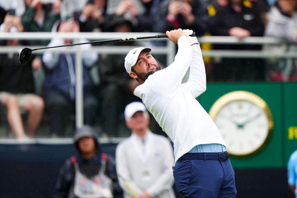 Scottie Scheffler hits his tee shot on the 10th hole during the second round of the PGA Championship at Valhalla Golf Club on Friday, May 17, 2024 in Louisville, Kentucky.