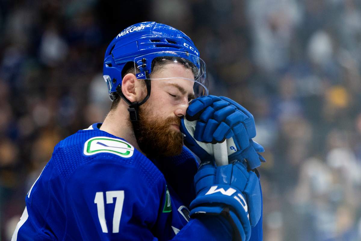 Vancouver Canucks defenceman Filip Hronek (17) disappointed at losing the series and being knocked out of the playoffs during Game Seven of the Second Round of the 2024 Stanley Cup playoffs between the Edmonton Oilers and the Vancouver Canucks on May 20, 2024, at Rogers Arena in Vancouver, B.C.