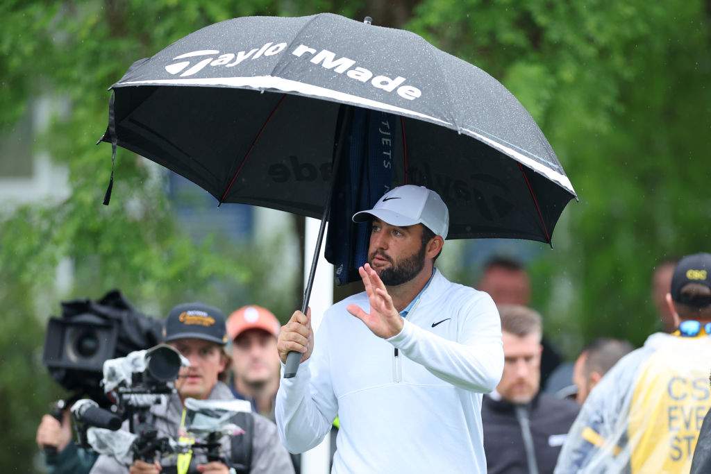 Scottie Scheffler of the United States reacts before teeing off on the tenth tee during the second round of the 2024 PGA Championship at Valhalla Golf Club on May 17, 2024 in Louisville, Kentucky.