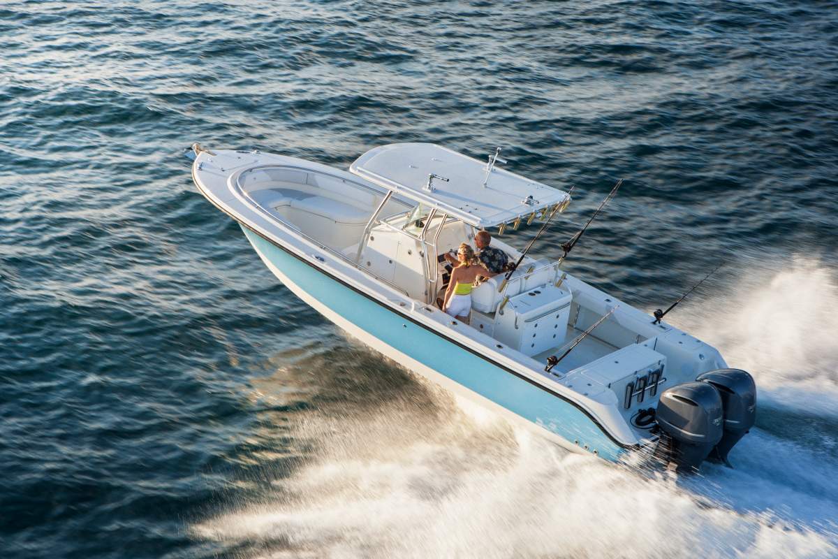 A stock image example of a centre console boat with two outboard motors.
