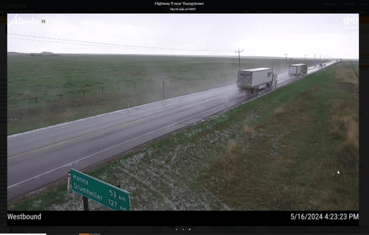 Traffic camera images showing hail along Highway 9 near Youngstown after a severe thunderstorm that possibly produced a tornado swept through on Thursday, May 16, 2024.