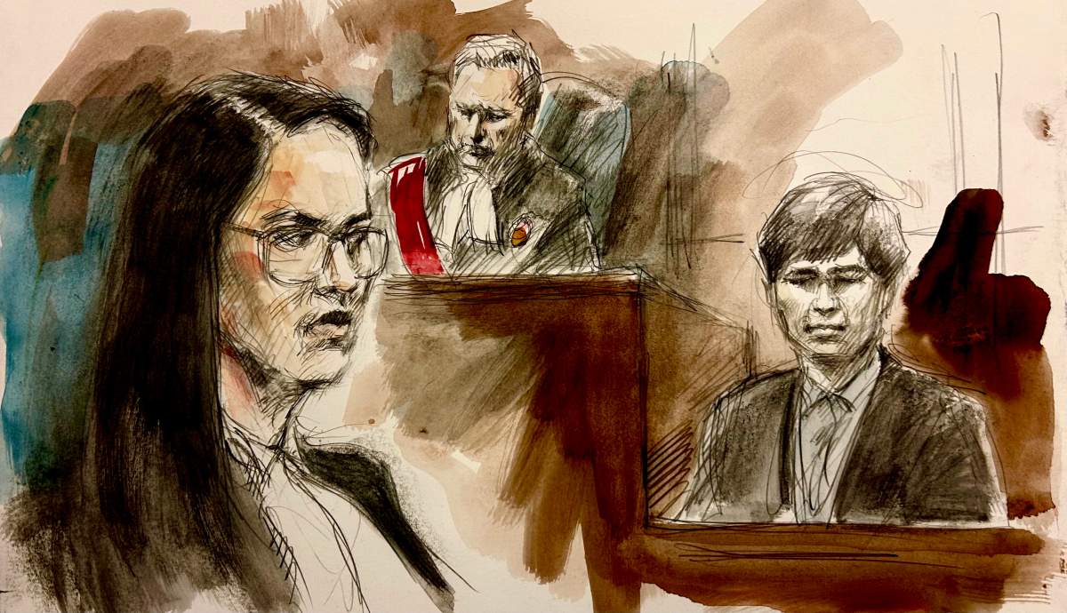 From left to right: Defence lawyer Jessyca Greenwood, Justice Alfred O’Marra and Dallas Ly.