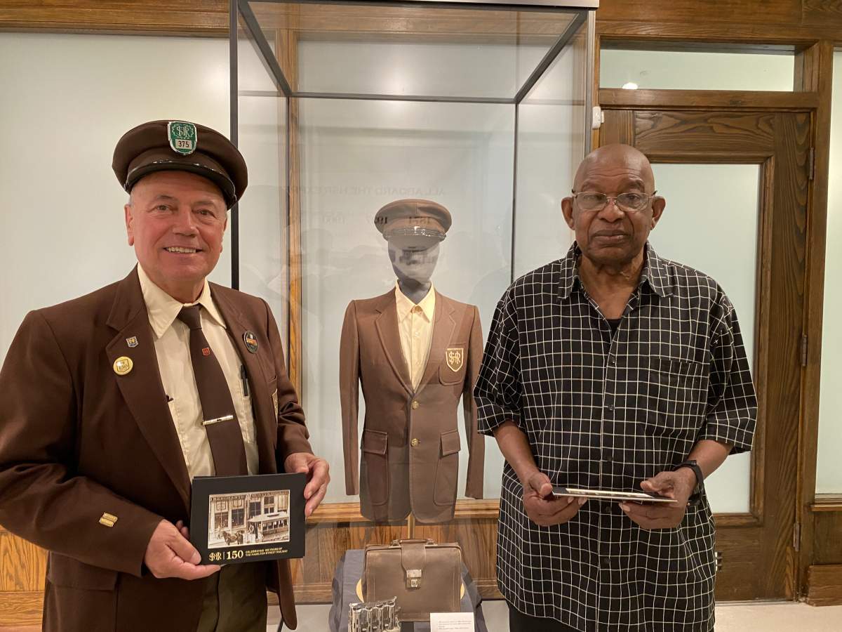 Pasquale “Pat” Almonte and Maurice Powell during a walk through of the free curated HSR exhibit at the visitor center downtown at Lister Block on May 21, 2024. Both Amonte and Powell have driven for the HSR for close to 50 years each.