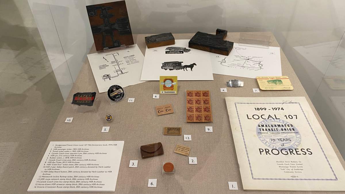 A display case in Lister Block in downtown Hamilton showing off HSR artifacts that date back as far as 1878.