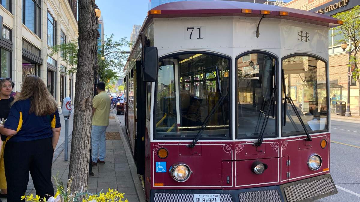 The exterior of a Hamilton Street Railway (HSR) replica trolley bus.