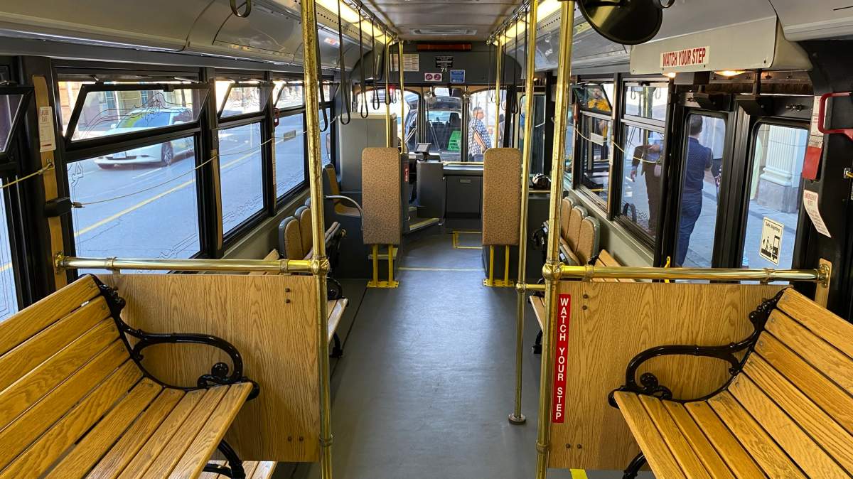 The interior of a Hamilton Street Railway (HSR) replica trolley bus.