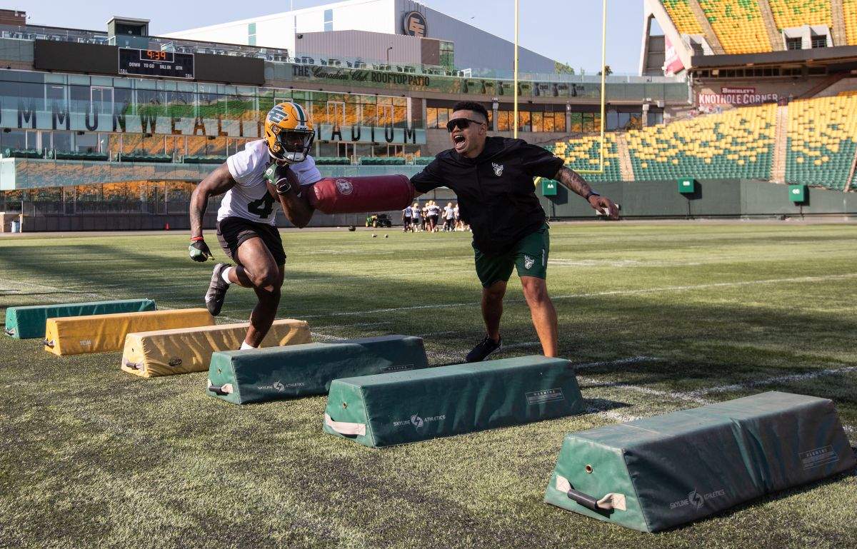 Edmonton Elks Kevin Brown (4) runs a drill during training camp in Edmonton on Sunday May 14, 2023.