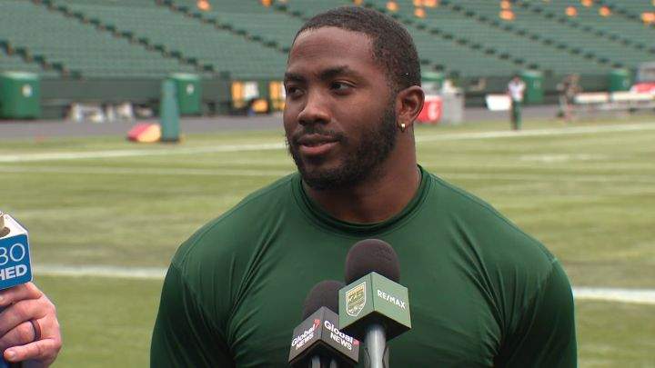Edmonton Elks running back Kevin Brown speaks to reporters at training camp on May 21, 2024.