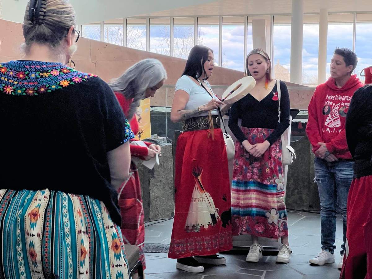 Raven Hart and the Kind Hart Women Singers perform an honour song at Sunday’s announcement