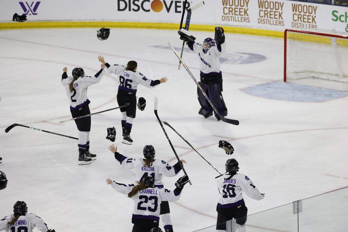 Minnesota players celebrate after defeating Boston to win the PWHL Walter Cup, Wednesday May 29, 2024, in Lowell, Mass.