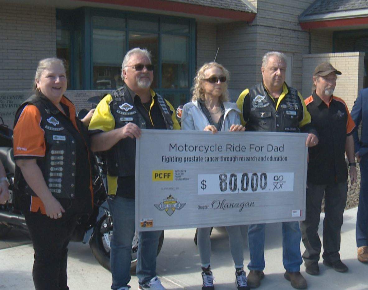 Bob Charron, second from right, a cancer survivor who’s also the chairperson for the Okanagan Motorcycle Ride for Dad club, helped present a cheque for $80,000 in Kelowna.