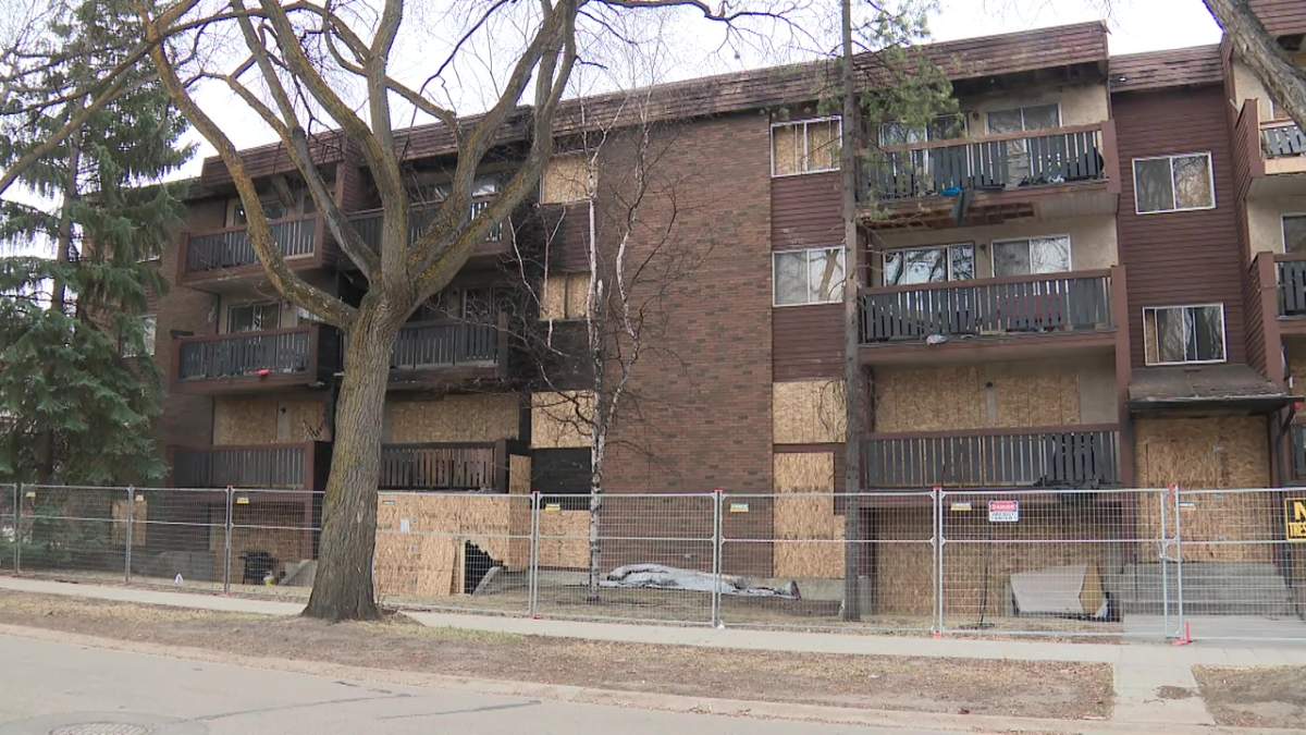 An apartment building at 10745 79 Ave. in south Edmonton where a fire caused extensive damage in January 2024. Image taken April 25, 2024.