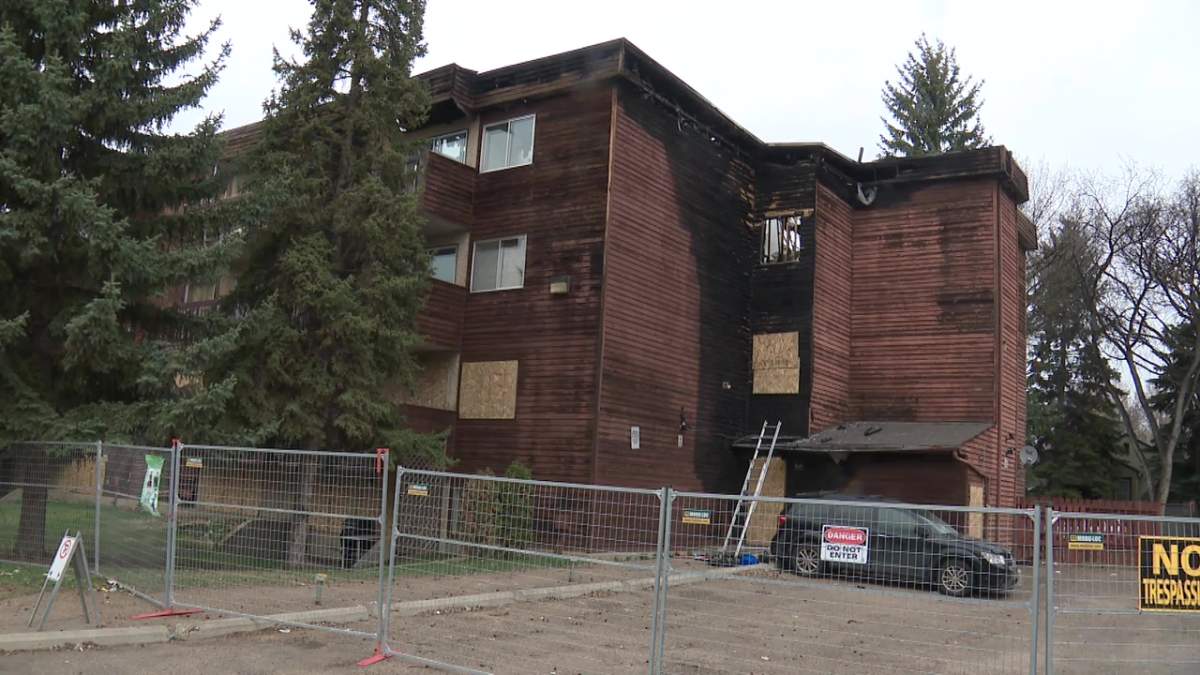 An apartment building at 10745 79 Ave. in south Edmonton where a fire caused extensive damage in January 2024. Image taken April 25, 2024.