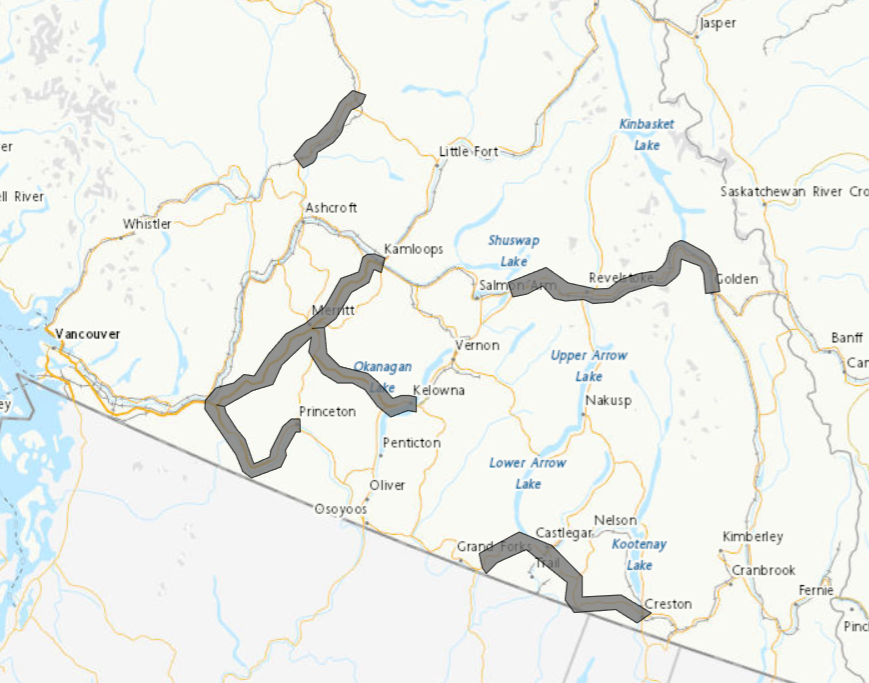 A map showing B.C. highways under snow alerts for the May long weekend.