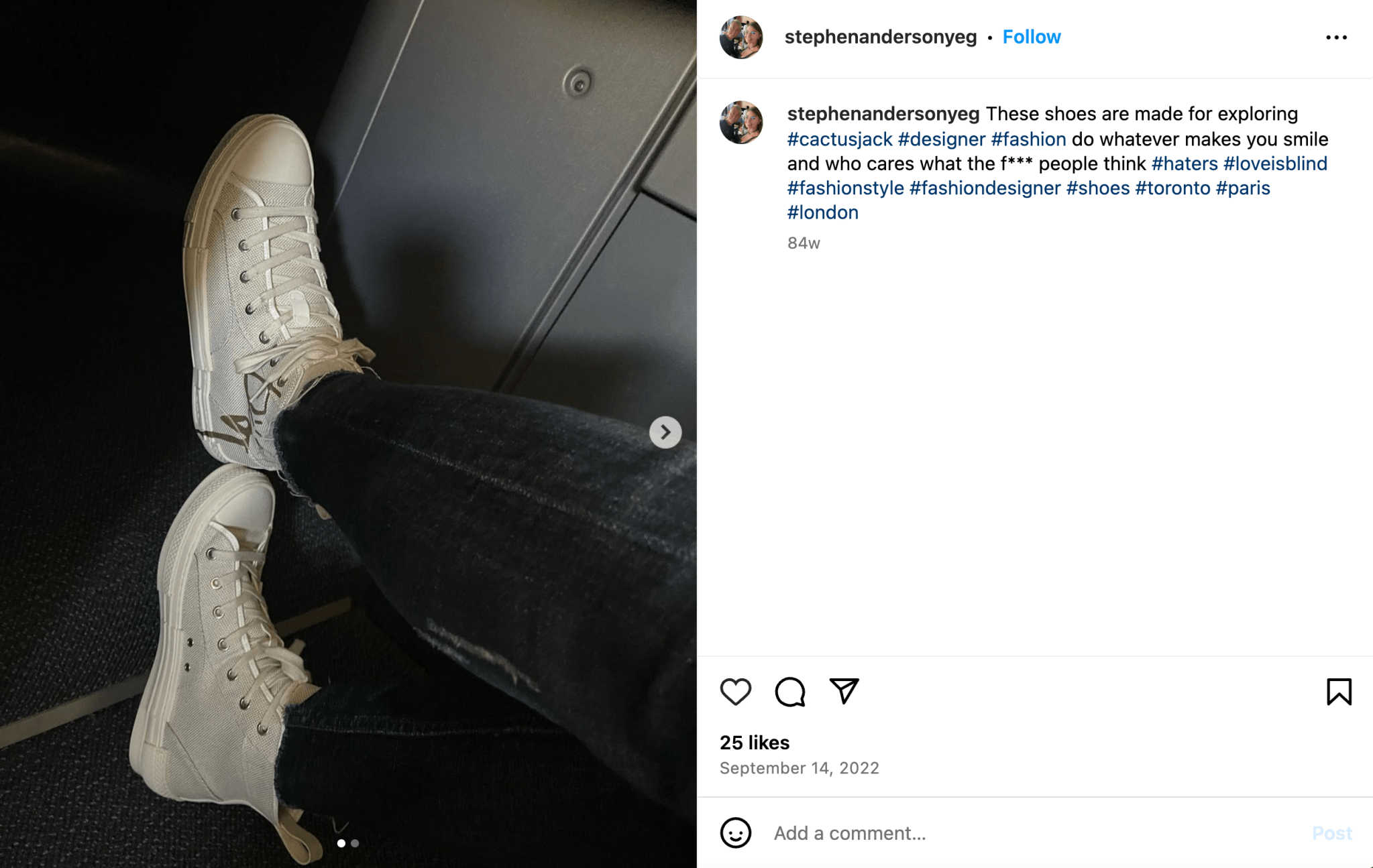 Stephen Anderson Instragram Post Sept. 2022 showing him wearing Dior hightop sneakers.