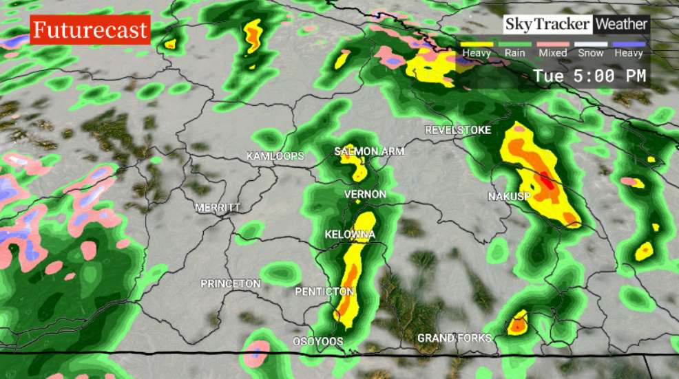 Waves of rain roll through the Okanagan Tuesday afternoon.