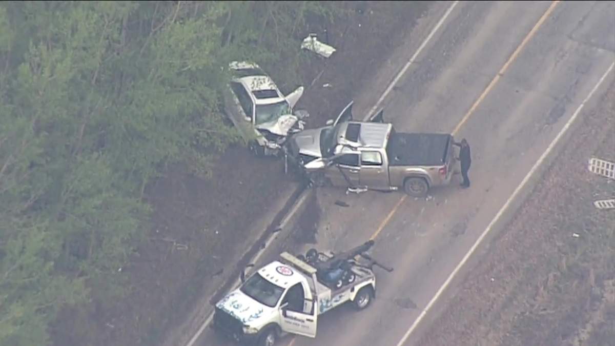 The scene of a two-vehicle collision on Whitemud Drive/Highway 628 between Winterburn Road and 231 Street on Sunday, May 12, 2024.