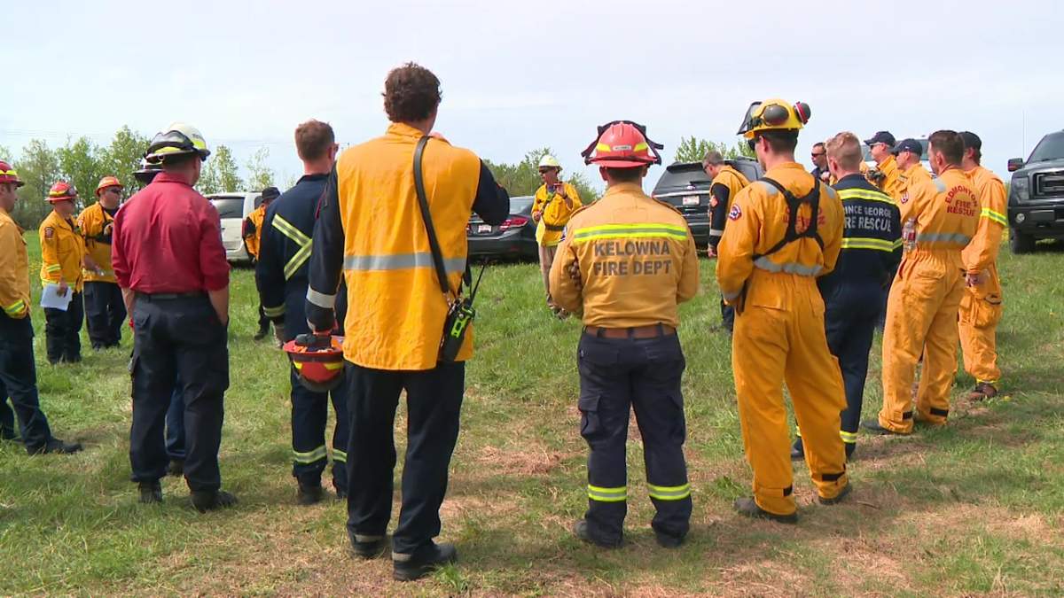 Firefighters from across Canada taking part in a International Association of Fire Fighters urban wildfire training exercise in Strathcona County, Alta. on Tuesday, May 28, 2024.
