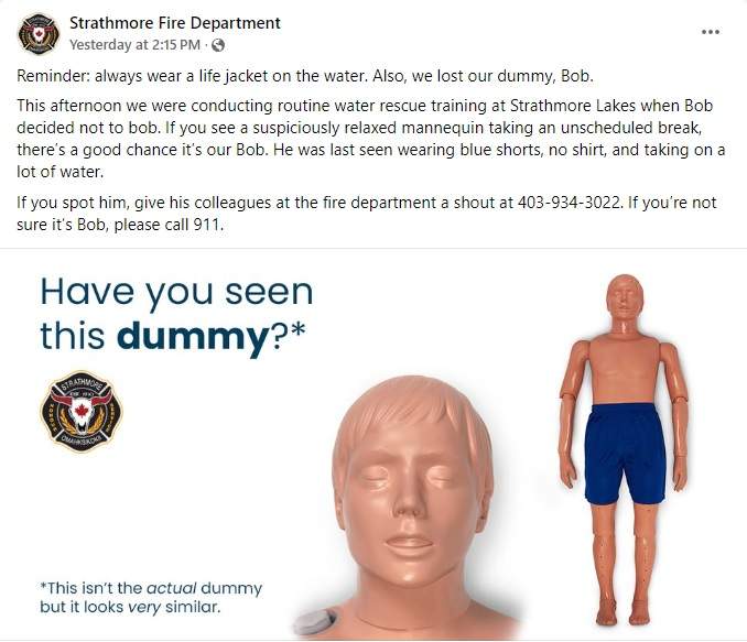 The Strathmore Fire Department says its water rescue training mannequin went missing while firefighters were doing some training on Strathmore Lake on Wednesday morning (May 22, 2024)