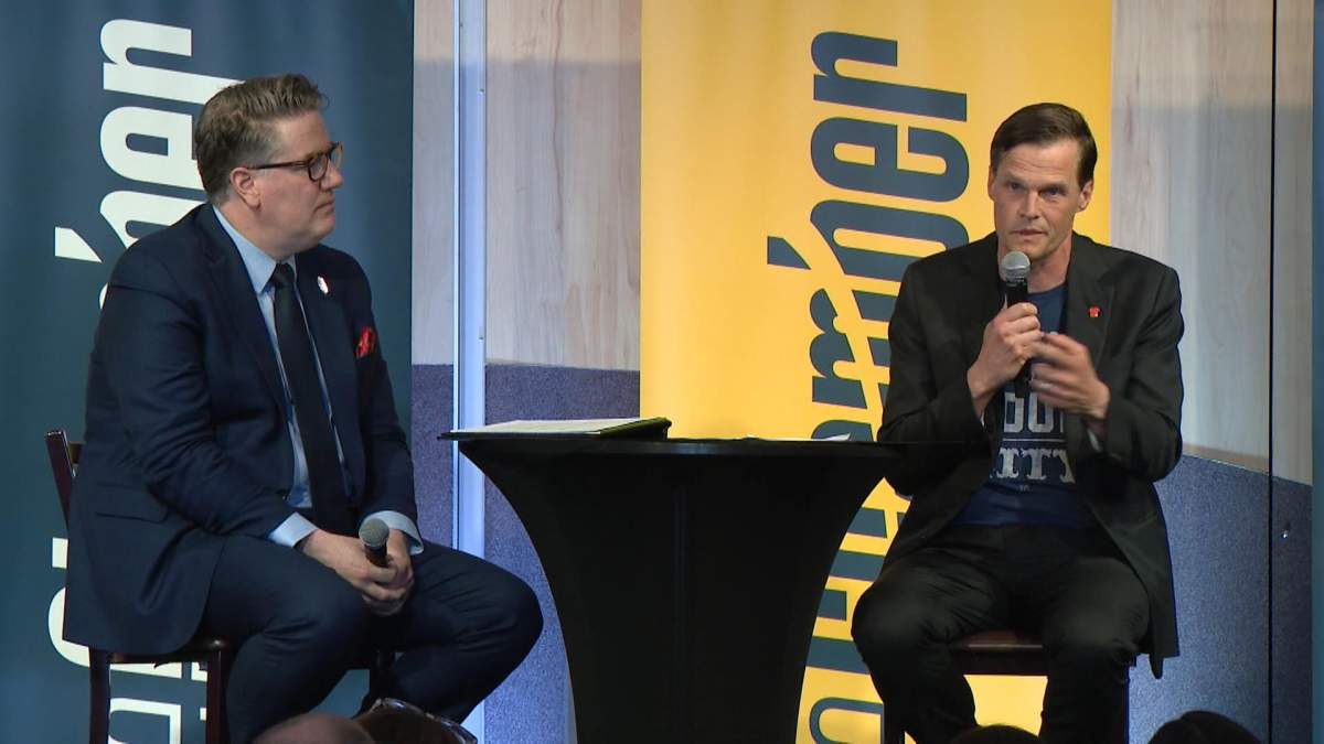 Greater Saskatoon Chamber of Commerce CEO Jason Aebig spoke with Saskatoon mayor Charlie Clark at the State of the City event Tuesday.