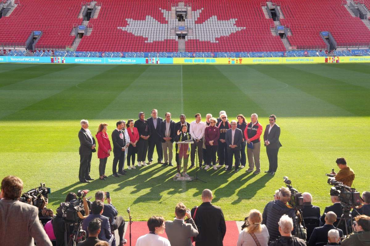 Toronto Mayor delivers remarks during an announcement at Toronto’s BMO Field on Friday, May 3, 2024. The federal government will provide the city of Toronto with $104.34 million to help host six matches at the 2026 FIFA World Cup.