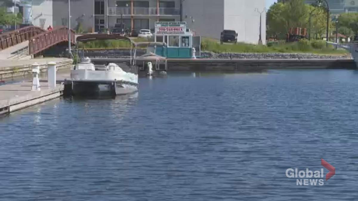A view of Little Lake in Peterborough, Ont., on May 30, 2024. The city conducted an inspection of the lake on May 30 following concerns about a smell in the area.