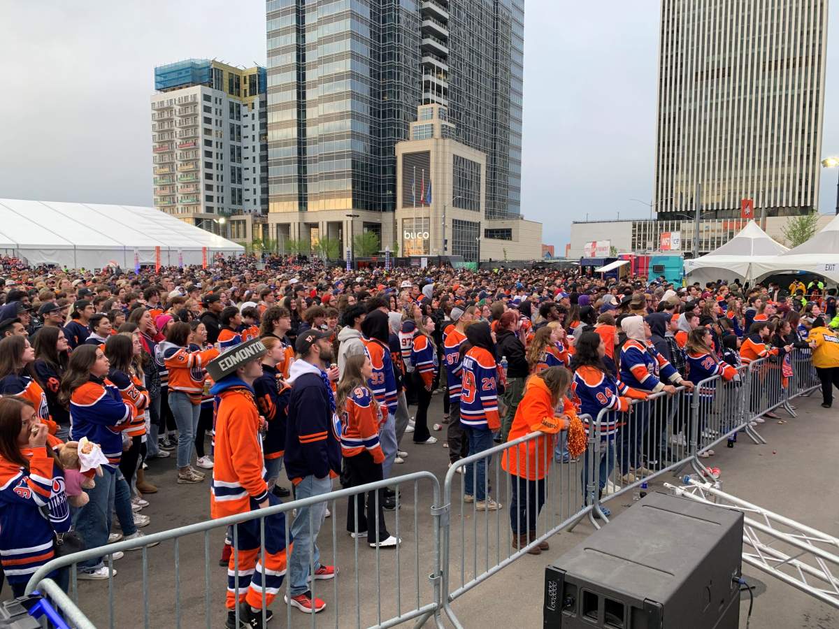 Fans cheer on the Edmonton Oilers in the fan park Monday, May 21, 2024.