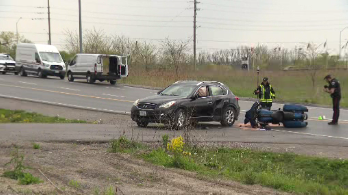 The scene of the crash involving a motorcycle in Oshawa on Monday.