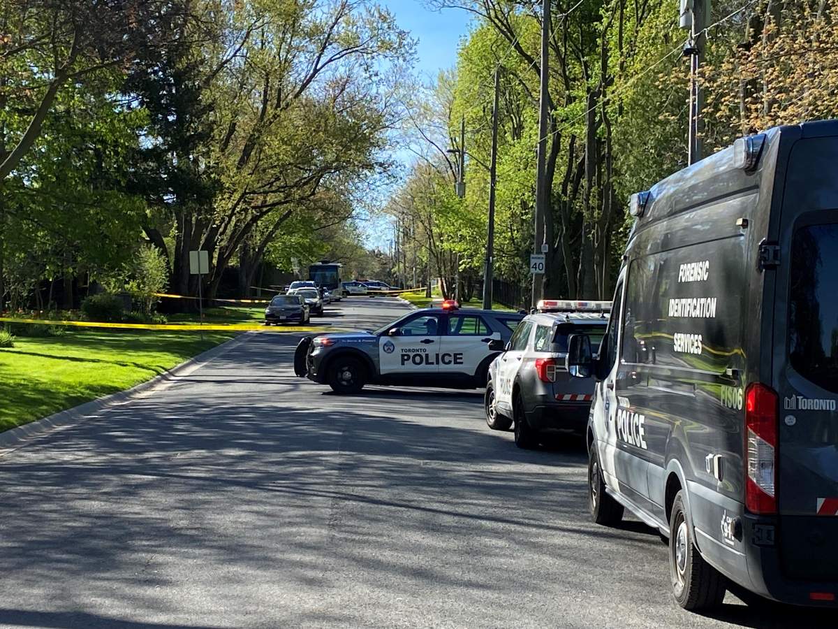 Police tape off Park Lane Circle in Toronto’s Bridle Path neighbourhood on May 7, 2024.
