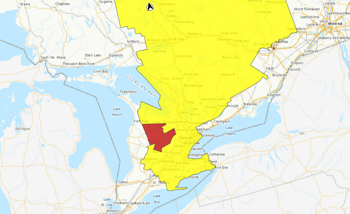 As of the noon hour Wednesday, areas shaded in yellow were under a severe thunderstorm watch. Red indicates a severe thunderstorm warning.