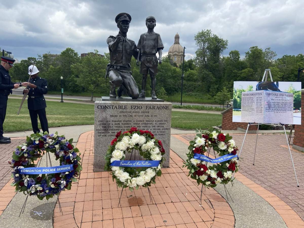 New memorial list of names of fallen Edmonton police officers at Ezio Faraone Park. June 25, 2024.