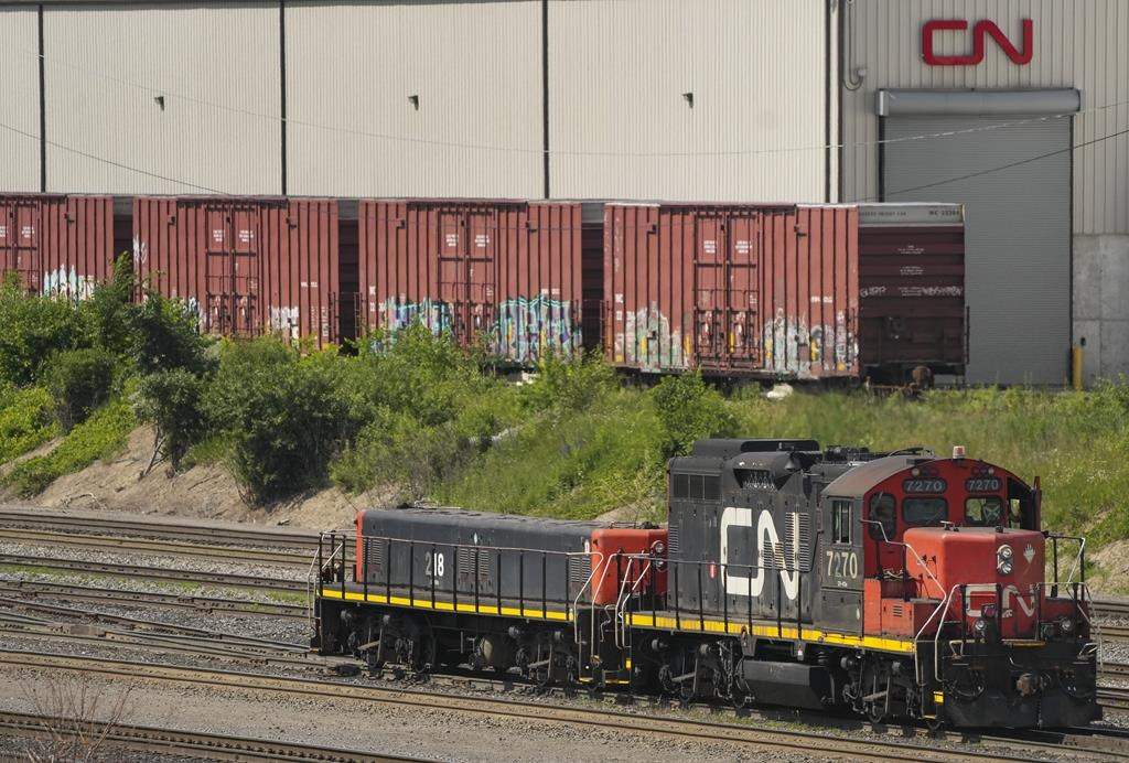 CN rail trains are shown at the CN MacMillan Yard in Vaughan, Ont., on Monday, June 20, 2022.