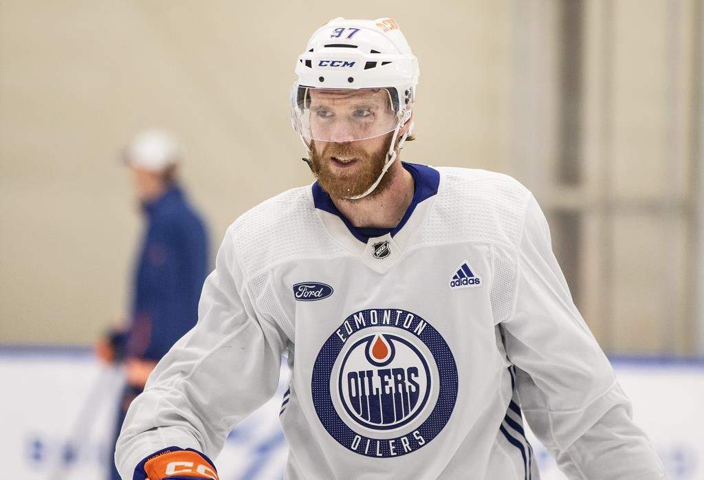Edmonton Oilers' Connor McDavid (97) takes part in practice in Edmonton, Wednesday, June 5, 2024.
