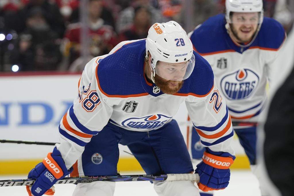 Edmonton Oilers right wing Connor Brown (28) waits for the puck during the second period of Game 2 of the NHL hockey Stanley Cup Finals against the Florida Panthers, Monday, June 10, 2024, in Sunrise, Fla.
