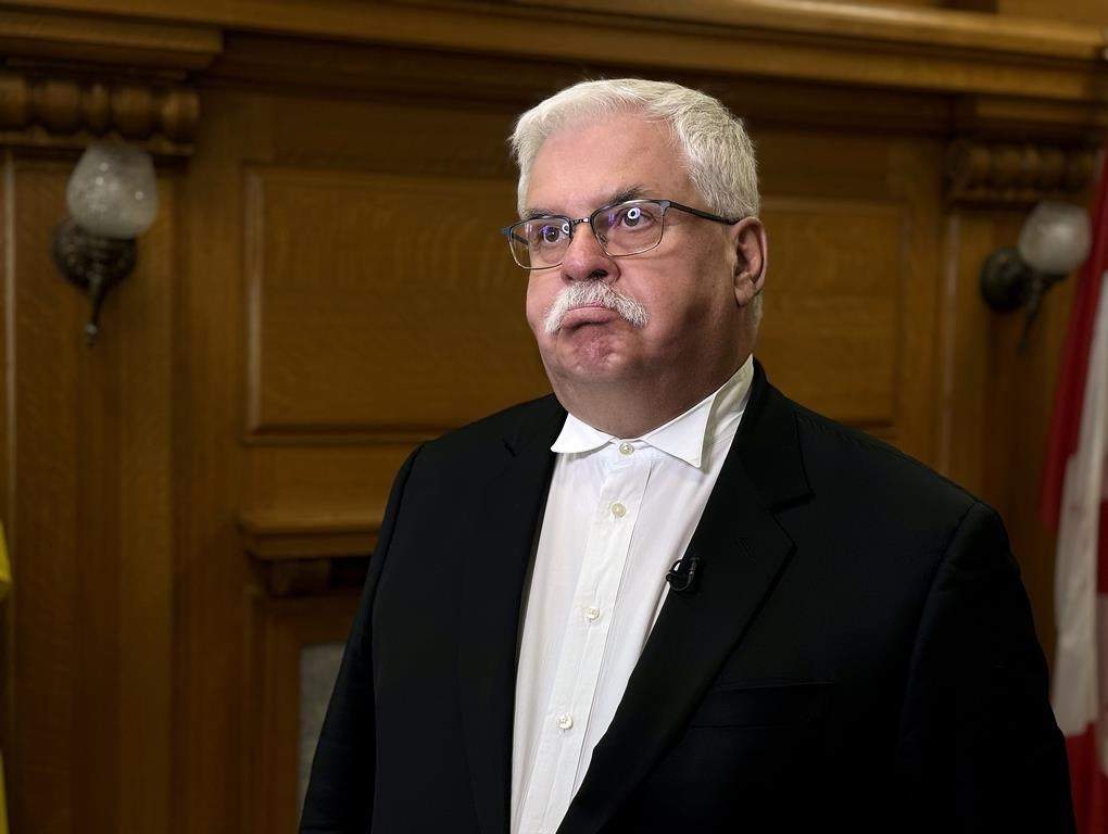 Randy Weekes, the Speaker of the Legislative Assembly of Saskatchewan, talks to reporters in Regina, Thursday, May 16, 2024. THE CANADIAN PRESS/Jeremy Simes.