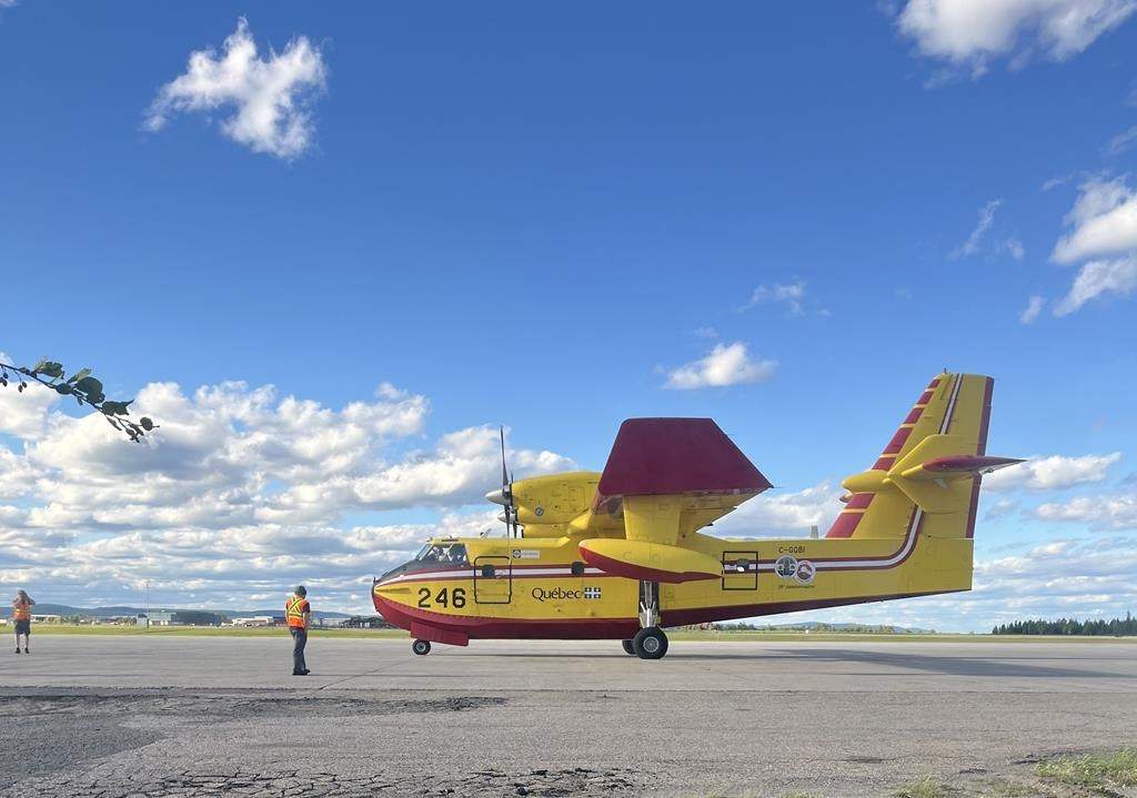 A Quebec water bomber, shown here in this handout photo from Thursday, June 20, 2024, sits at the Happy Valley-Goose Bay airport, ready to help battle wildfires in central Labrador.