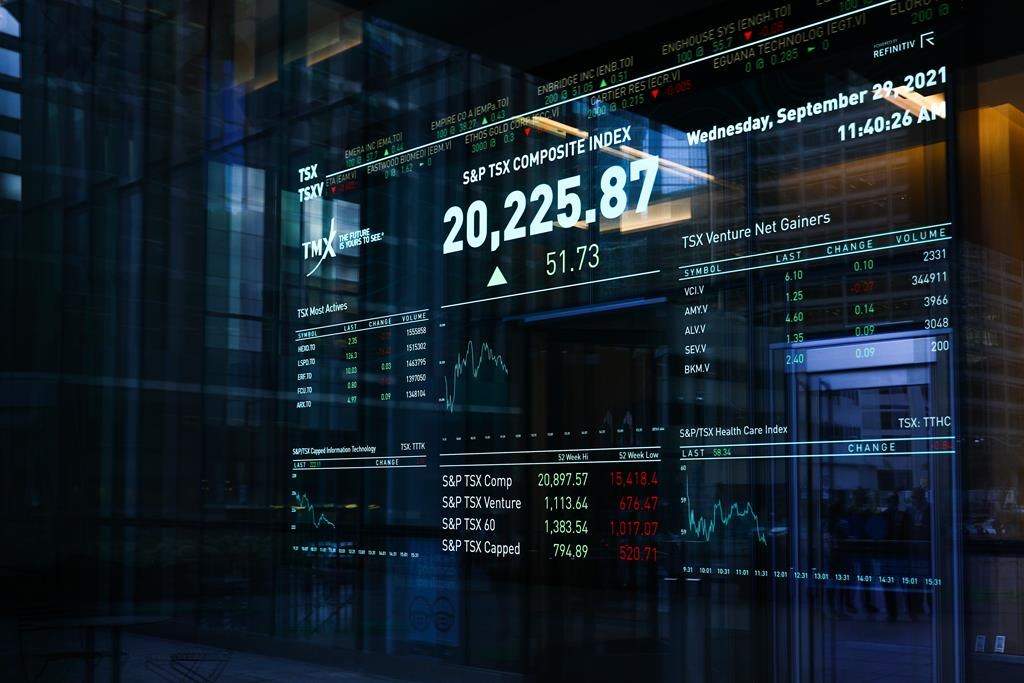 A sign board displays the TSX level in the financial district in Toronto on Wednesday, Sept. 29, 2021. 