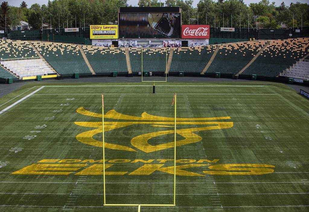 The Edmonton Eskimos unveil their new name and logo, the Edmonton Elks, at Commonwealth Stadium in Edmonton, on Tuesday, June 1, 2021.