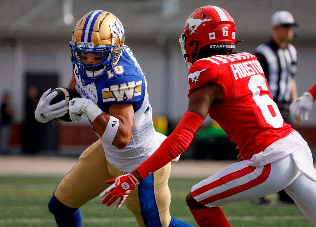 Winnipeg Blue Bombers' Nic Demski (10) runs the ball as Calgary Stampeders' Demerio Houston (6) closes in during first half CFL football action in Calgary, Alta., Saturday, June 29, 2024. THE CANADIAN PRESS/Jeff McIntosh.