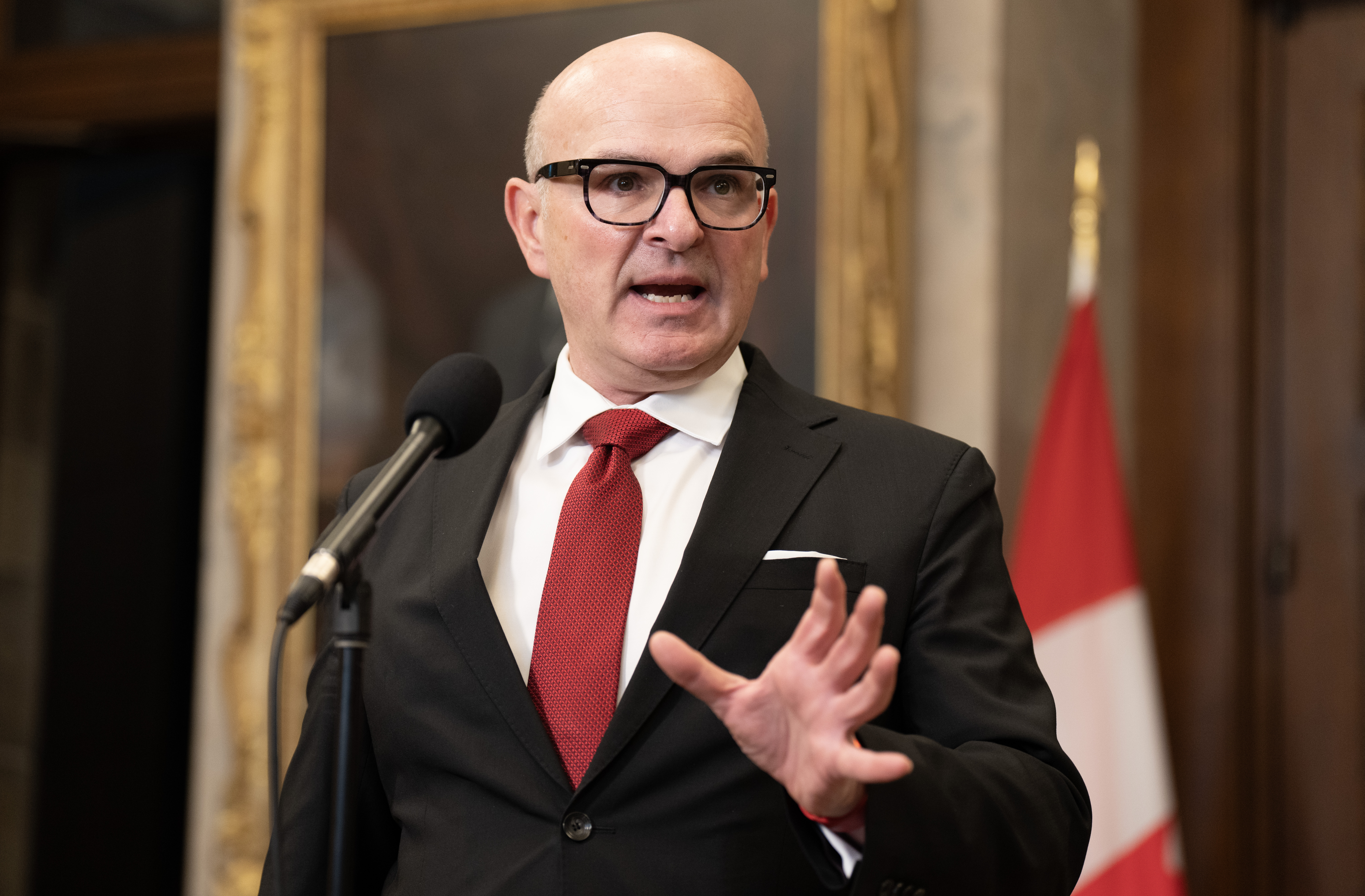Employment, Workforce Development and Official Languages Minister Randy Boissonnault speaks in the Foyer of the House of Commons, Monday, February 5, 2024 in Ottawa.