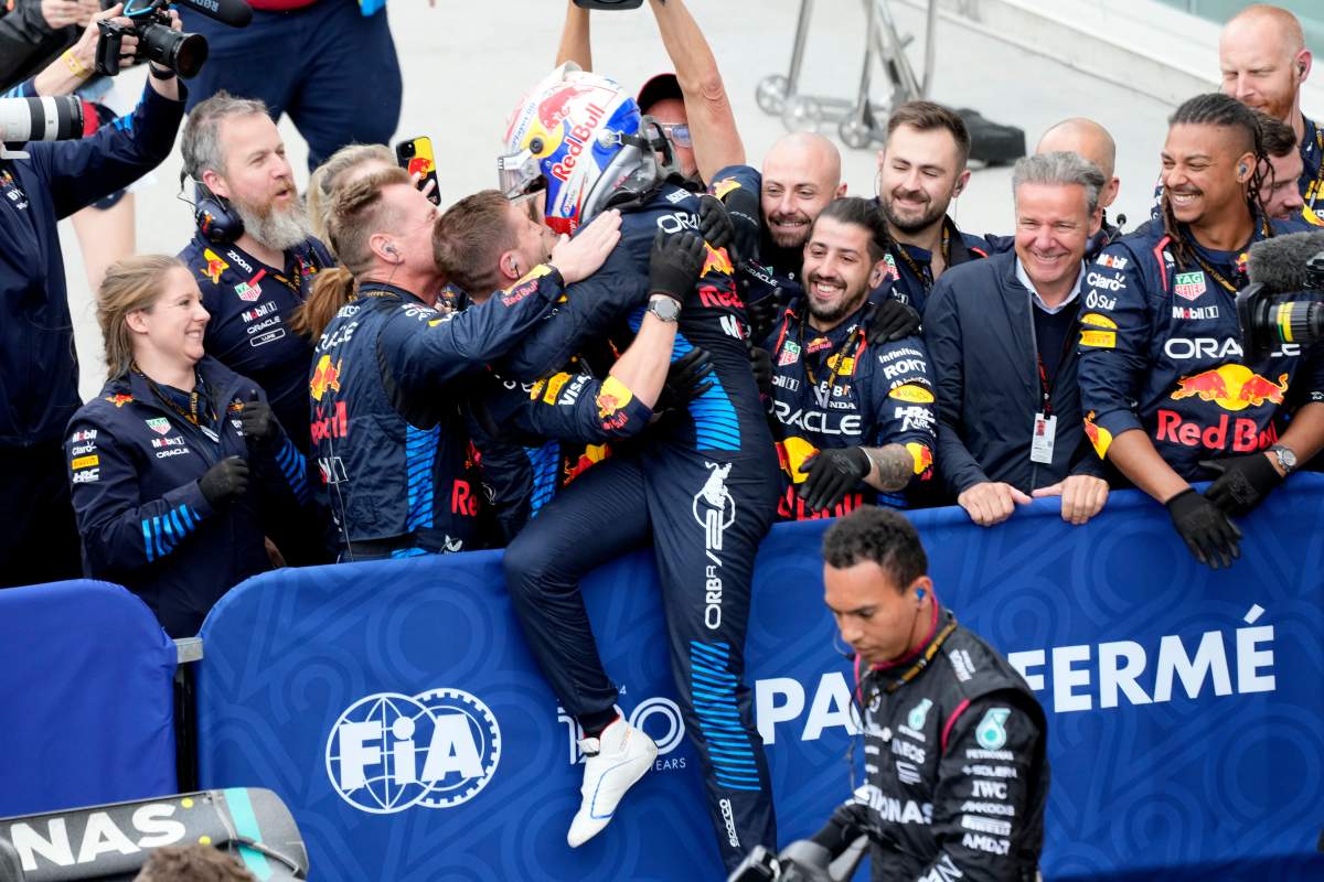 Red Bull Racing driver Max Verstappen, of the Netherlands, celebrates after winning the Canadian Grand Prix Formula 1 car race, in Montreal, Sunday, June 9, 2024.