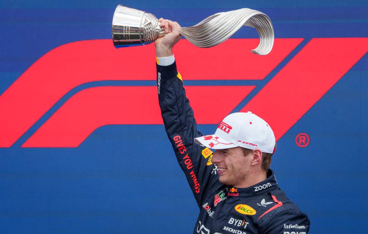 Red Bull Racing driver Max Verstappen of the Netherlands celebrates his victory at the Canadian Grand Prix Formula 1 car race, in Montreal, Sunday, June 9, 2024.