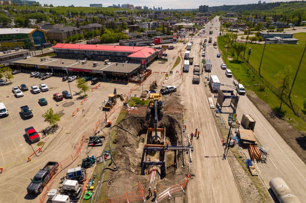 Aerial picture of a water main break in Calgary Monday, June 10, 2024.