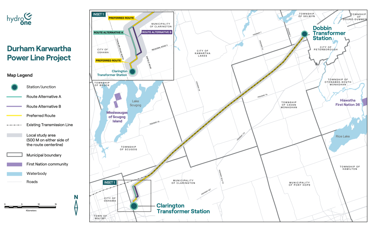 A map outlines the proposed Durham Kawartha Power Line project from Clarington to Peterborough.