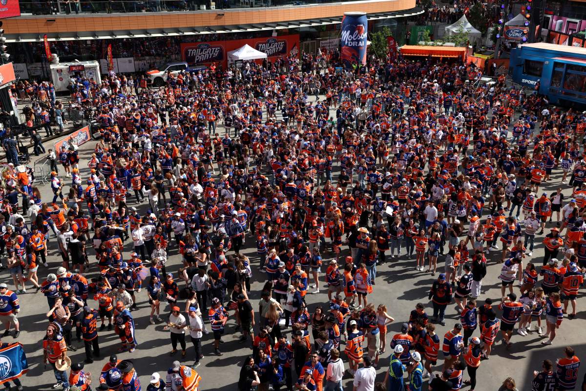 Fans gathering in the plaza before Game Six of the 2024 Stanley Cup Final between Florida Panthers and the Edmonton Oilers at Rogers Place on June 21, 2024.